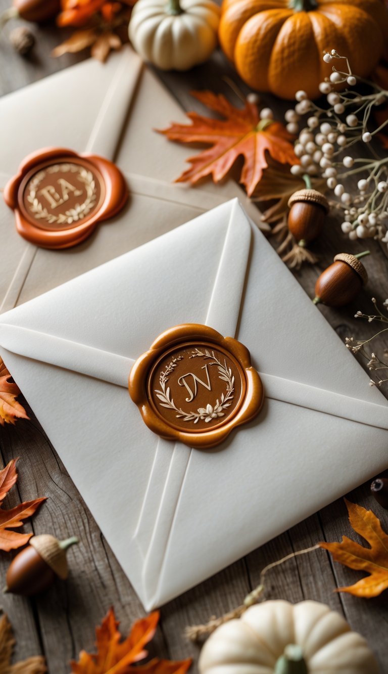 Close-up of wedding envelopes sealed with personalized wax seals surrounded by autumn leaves and small pumpkins on a wooden table.